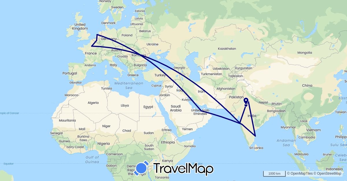 TravelMap itinerary: driving in United Arab Emirates, Belgium, France, India, Netherlands (Asia, Europe)